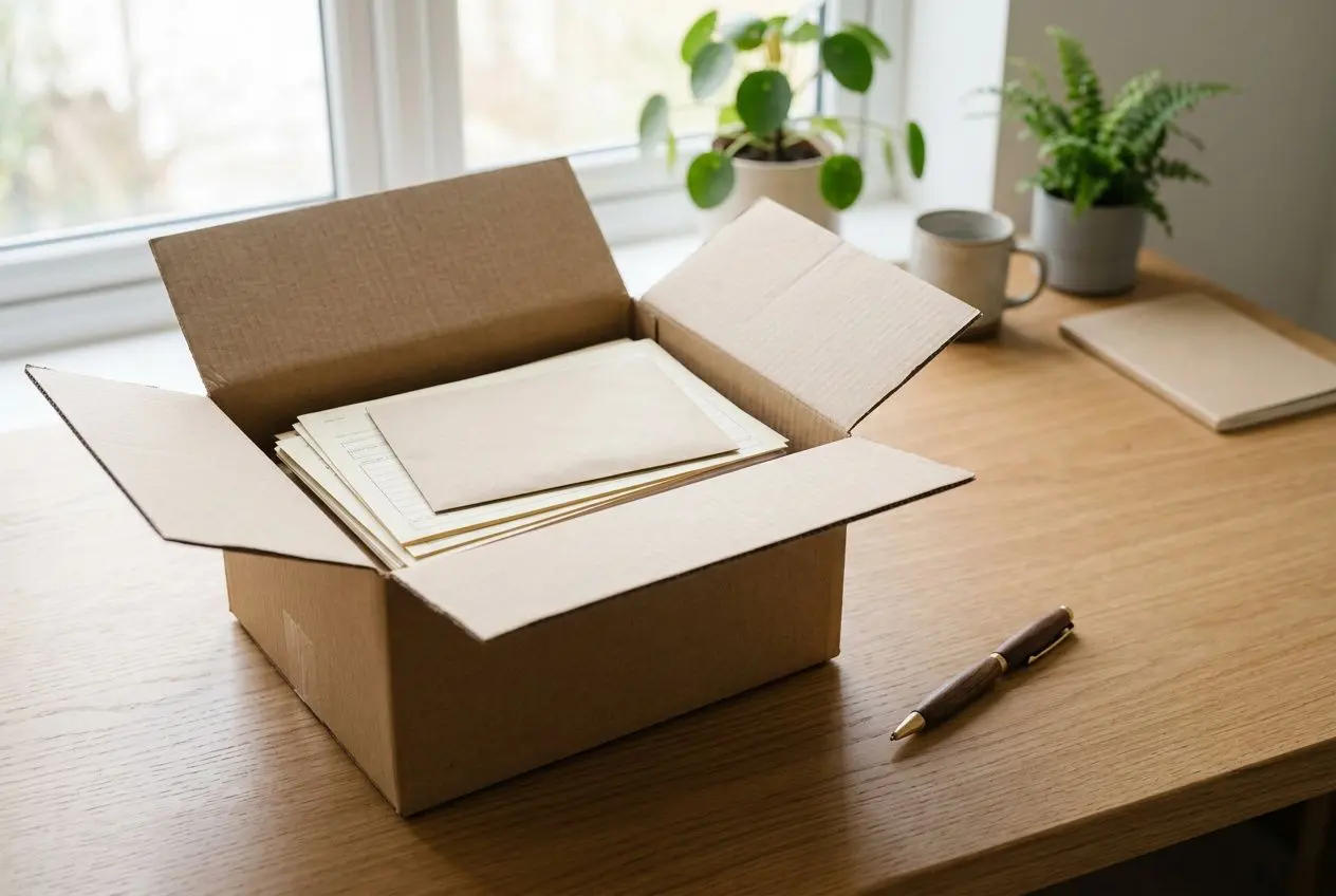 Boîte en carton ouverte sur une table, avec des dossiers et papiers à l’intérieur, stylo à côté et plantes en arrière-plan. intégré: étapes pour un déménagement réussi.