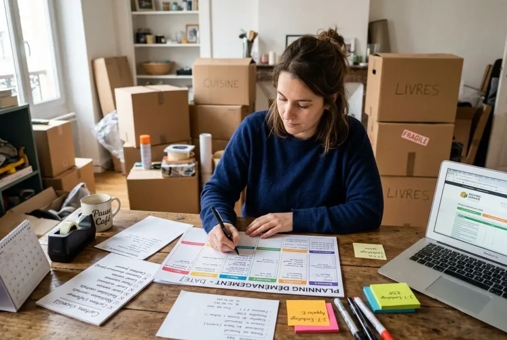 Personne assise à une table, planifiant un déménagement avec une fiche suivi et un planning; cartons étiquetés en arrière-plan et ordinateur portable ouvert sur le côté. intégration: "comment bien organiser son déménagement" naturelle dans la description.