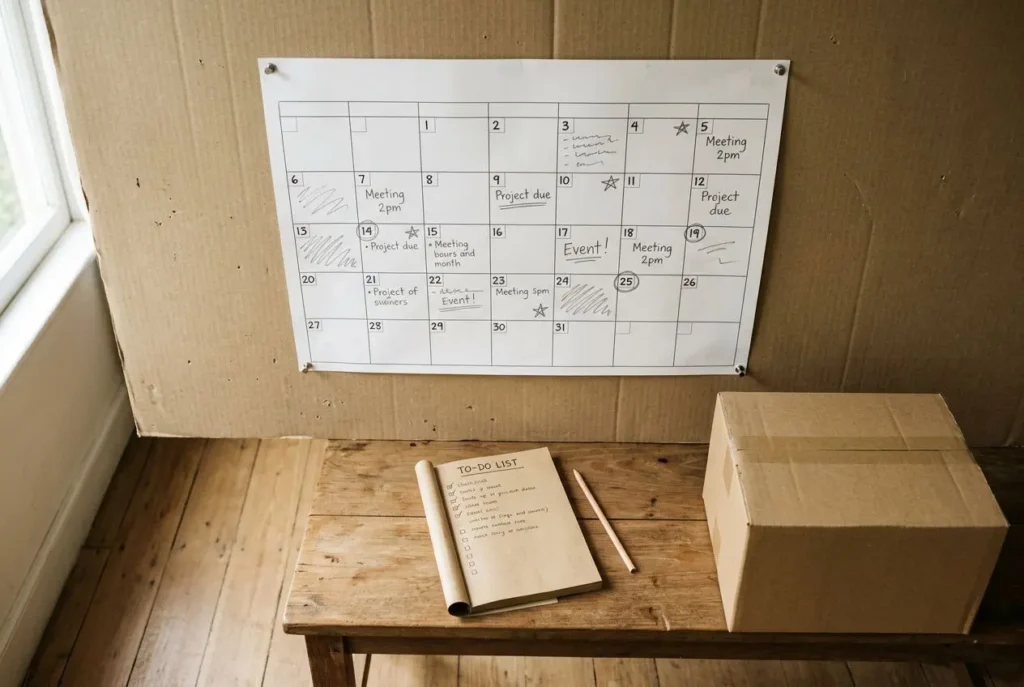 Tableau mensuel accroché sur un mur en bois, planifiant des rendez-vous et tâches; une liste à faire, un carnet et une boîte sur une petite table. Étapes pour un déménagement réussi.